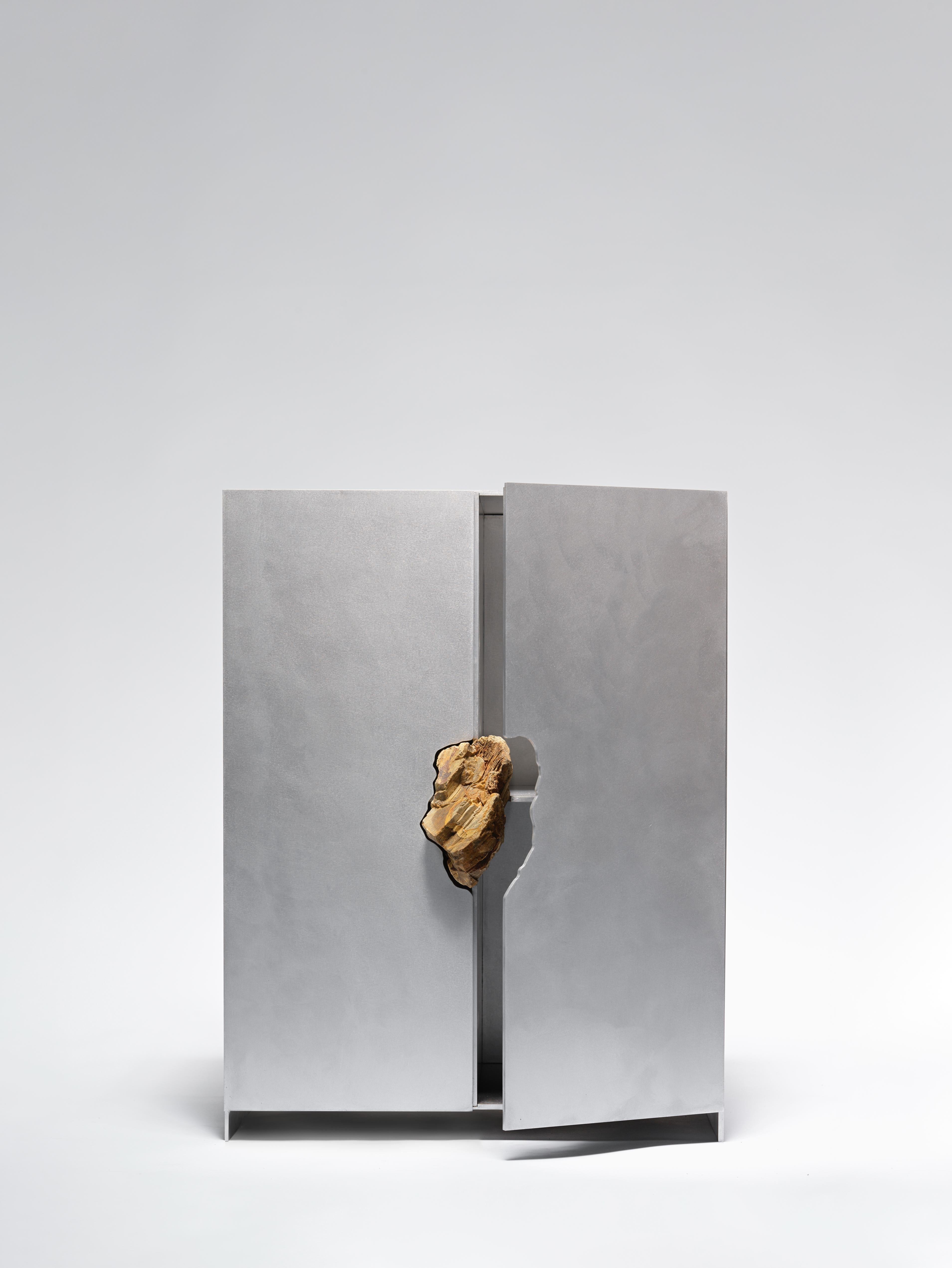 Aluminum Hand-Sculpted Cabinet with Original Petrified Oak, Pierre De Valck For Sale