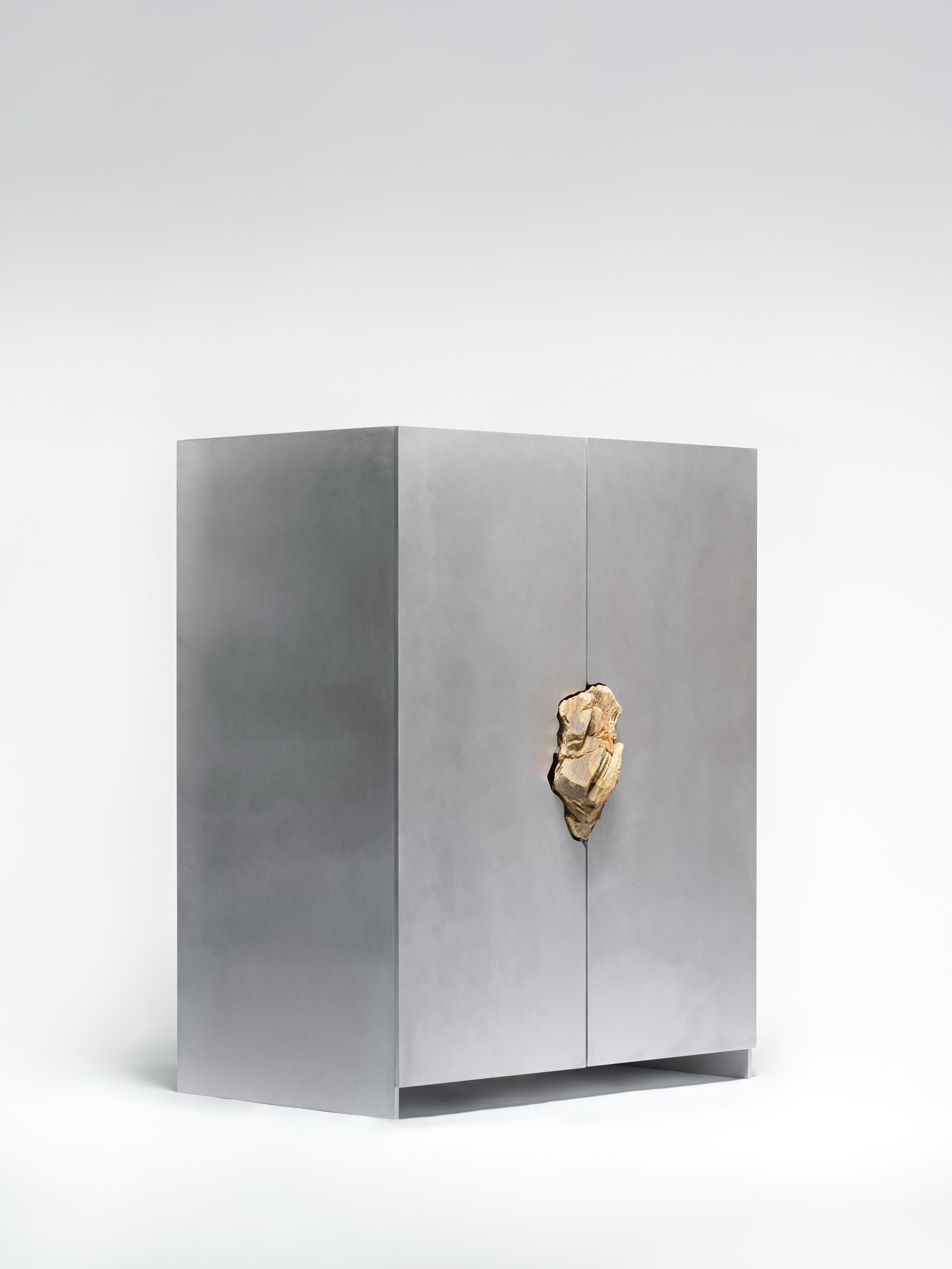 Hand-Sculpted Cabinet with Original Petrified Oak, Pierre De Valck For Sale 2