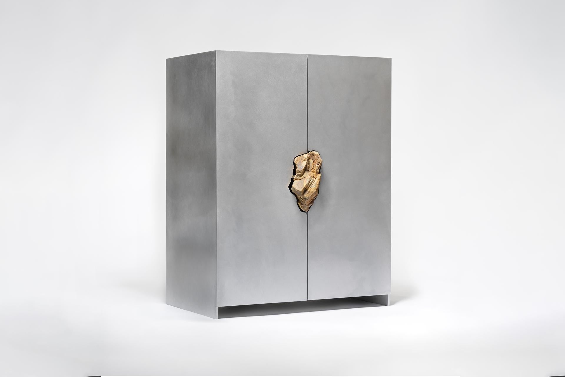 Modern Hand-Sculpted Cabinet with Original Petrified Oak, Pierre De Valck