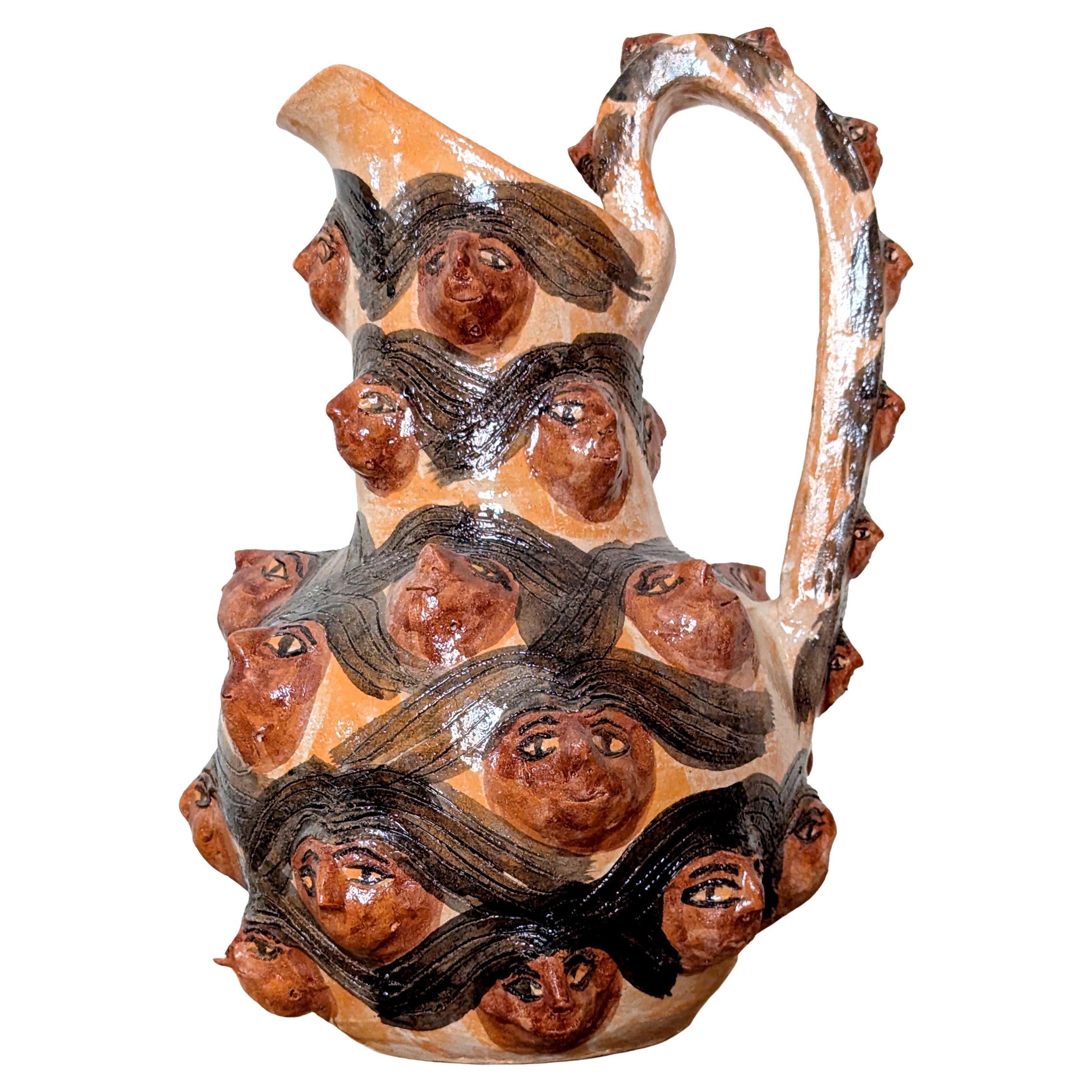 Hand-Sculpted Ceramic Pitcher with Faces by Rolando Regino Porras, Oaxaca, Mex.