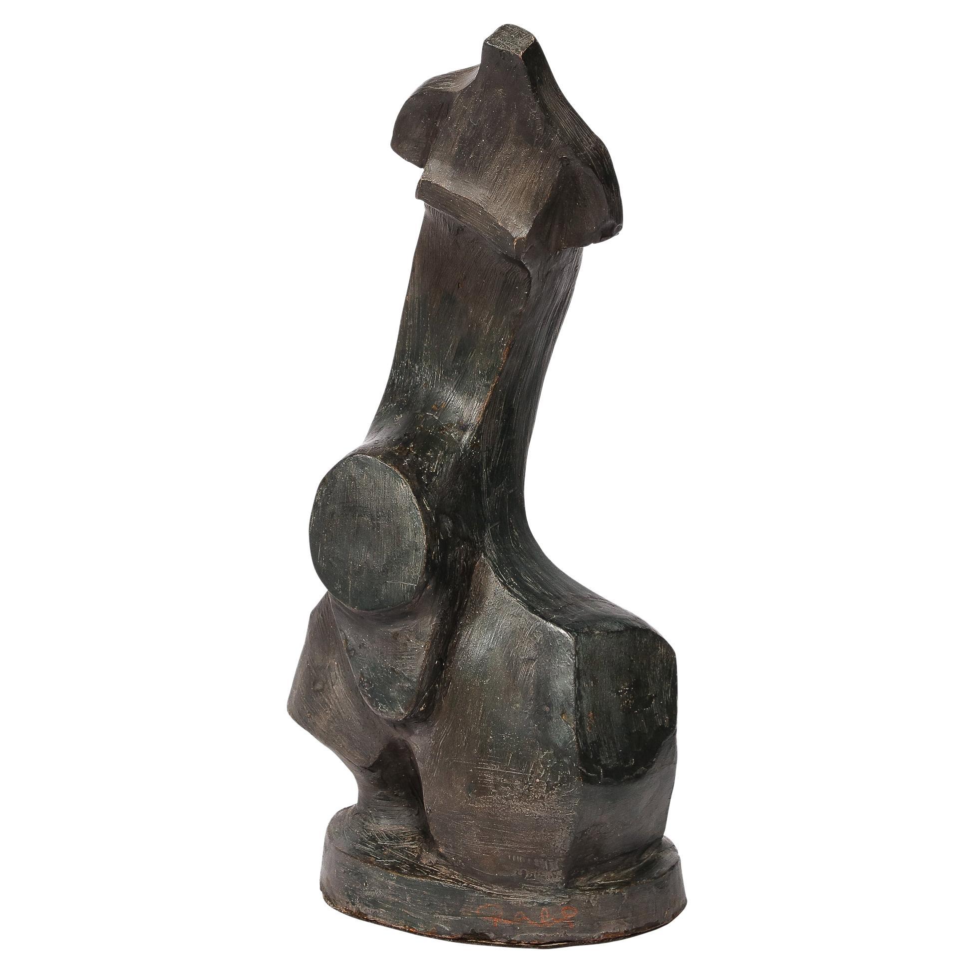 Hand-Sculpted French Cubist Abstract Sculpture in Terracotta Signed "Philip" For Sale