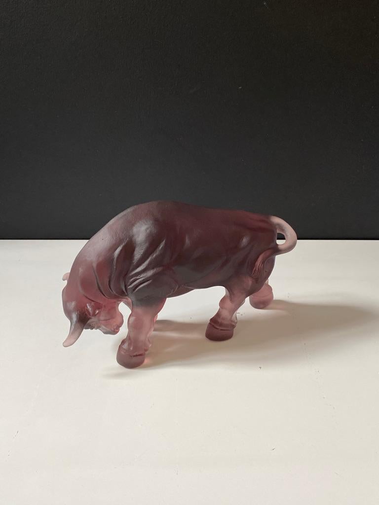 Hand-Crafted Hand-Sculpted Massive Pate-de-Verre Glass Bull Sculpture in Amethyst Color For Sale