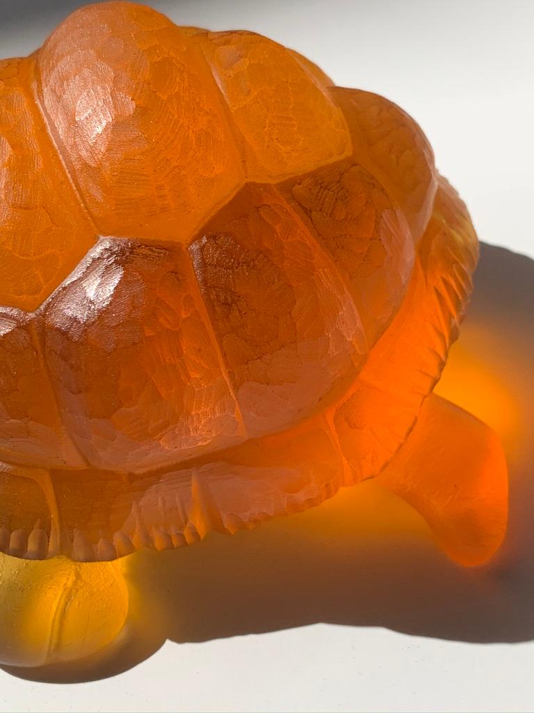 Cast Hand-Sculpted Massive Pate-de-Verre Glass Life-Size Tortoise Sculpture in Amber For Sale