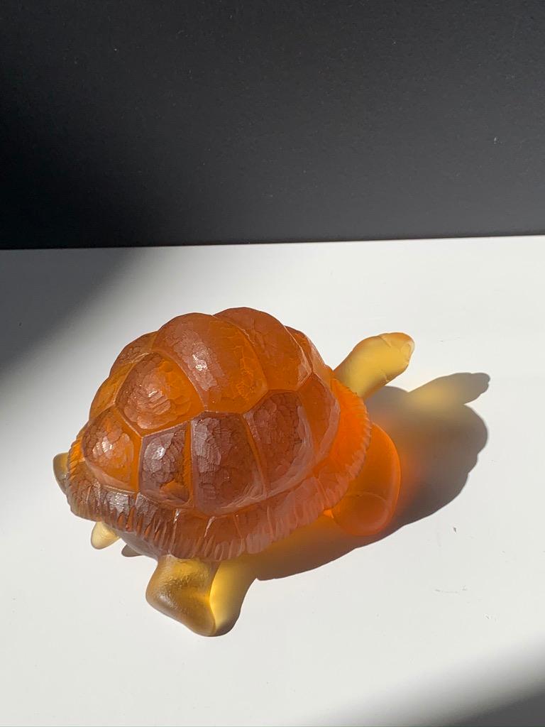 Contemporary Hand-Sculpted Massive Pate-de-Verre Glass Life-Size Tortoise Sculpture in Amber For Sale