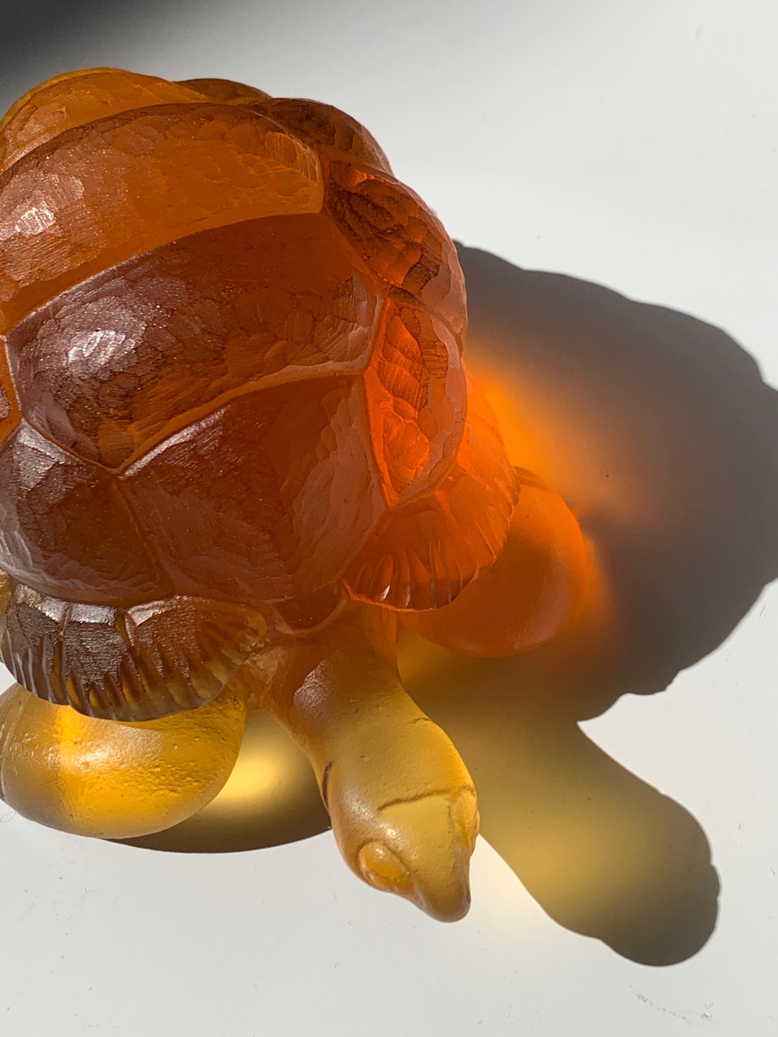 Hand-Sculpted Massive Pate-de-Verre Glass Life-Size Tortoise Sculpture in Amber For Sale 1