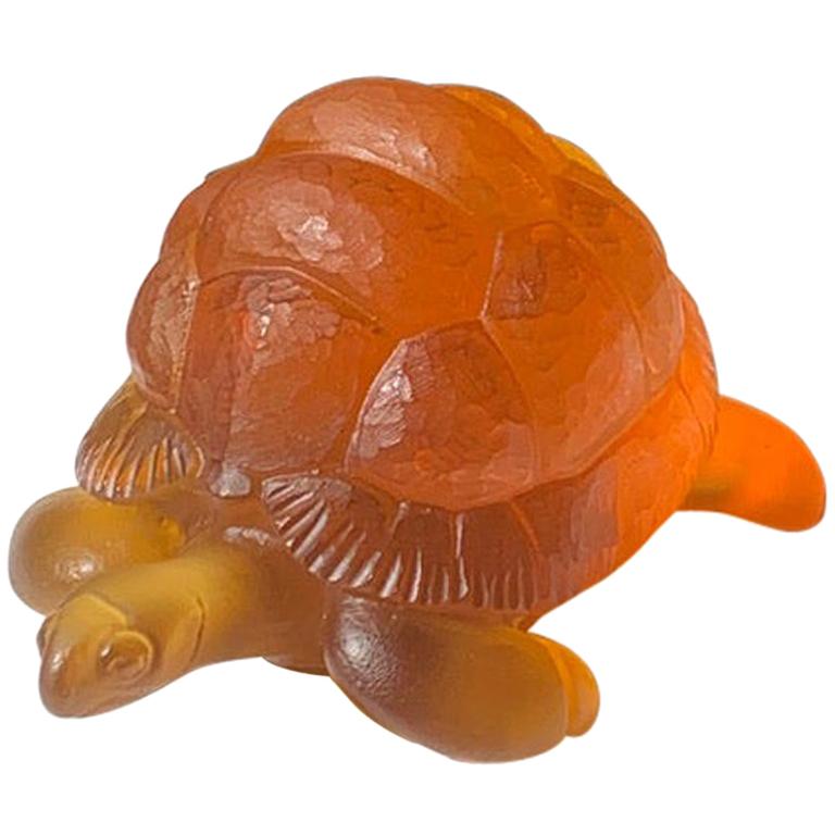 Hand-Sculpted Massive Pate-de-Verre Glass Life-Size Tortoise Sculpture in Amber