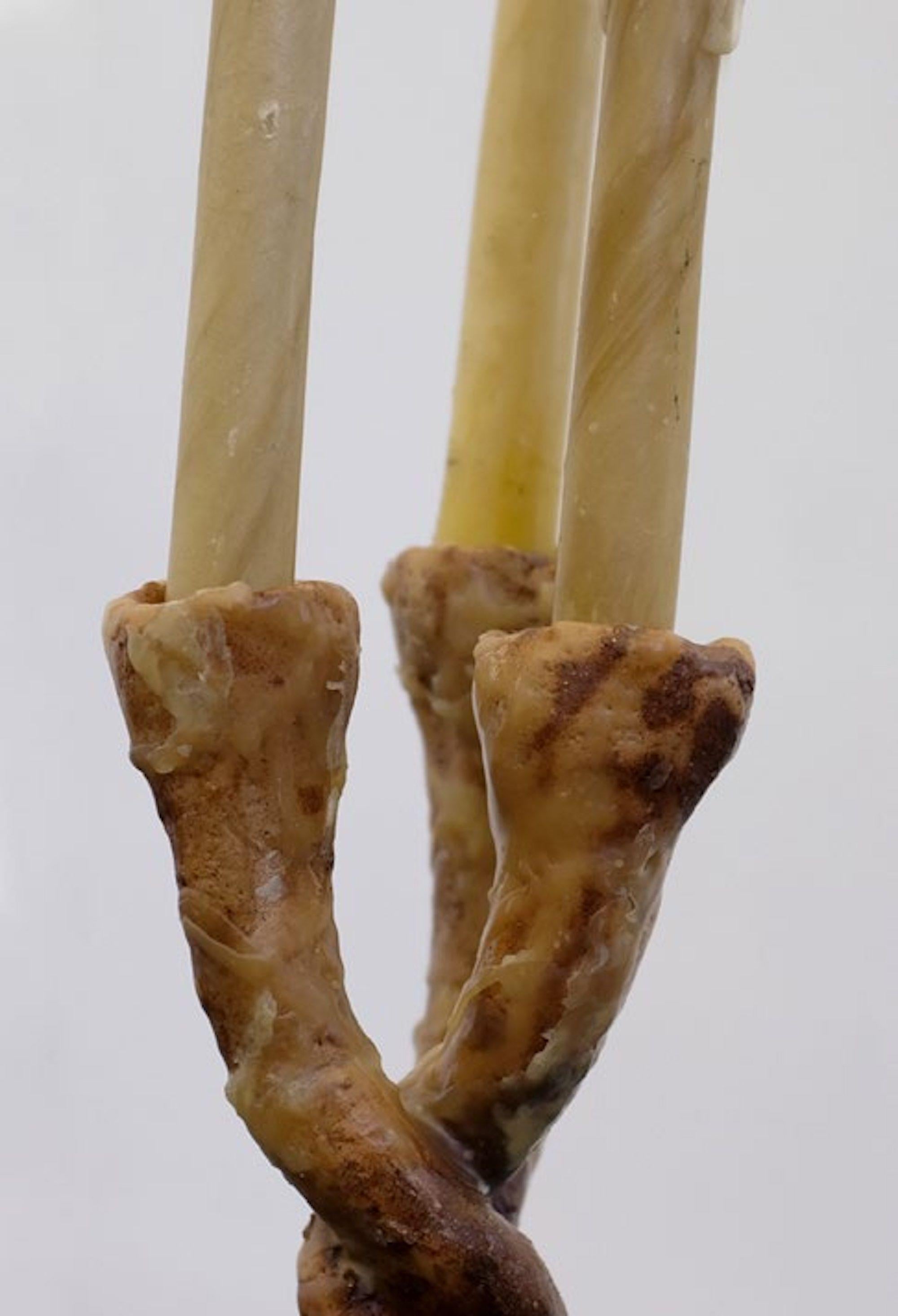 Skulpturaler dreifacher Kerzenhalter aus organischem Bienenwachs und Ton, handgefertigt (Handgeschnitzt) im Angebot