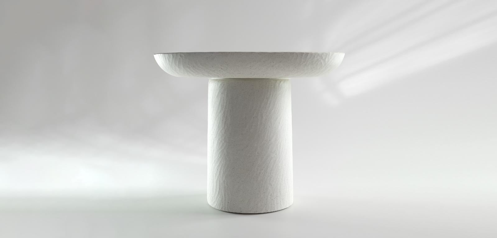 Hand-Carved Hand Sculpted Organic Modern Oval Side Table 'BLOOM' in white cast stone For Sale