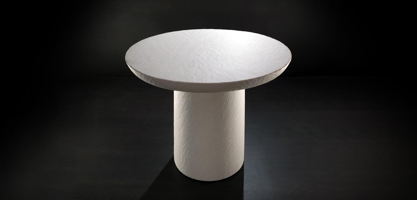 Contemporary Hand Sculpted Organic Modern Oval Side Table 'BLOOM' in white cast stone For Sale