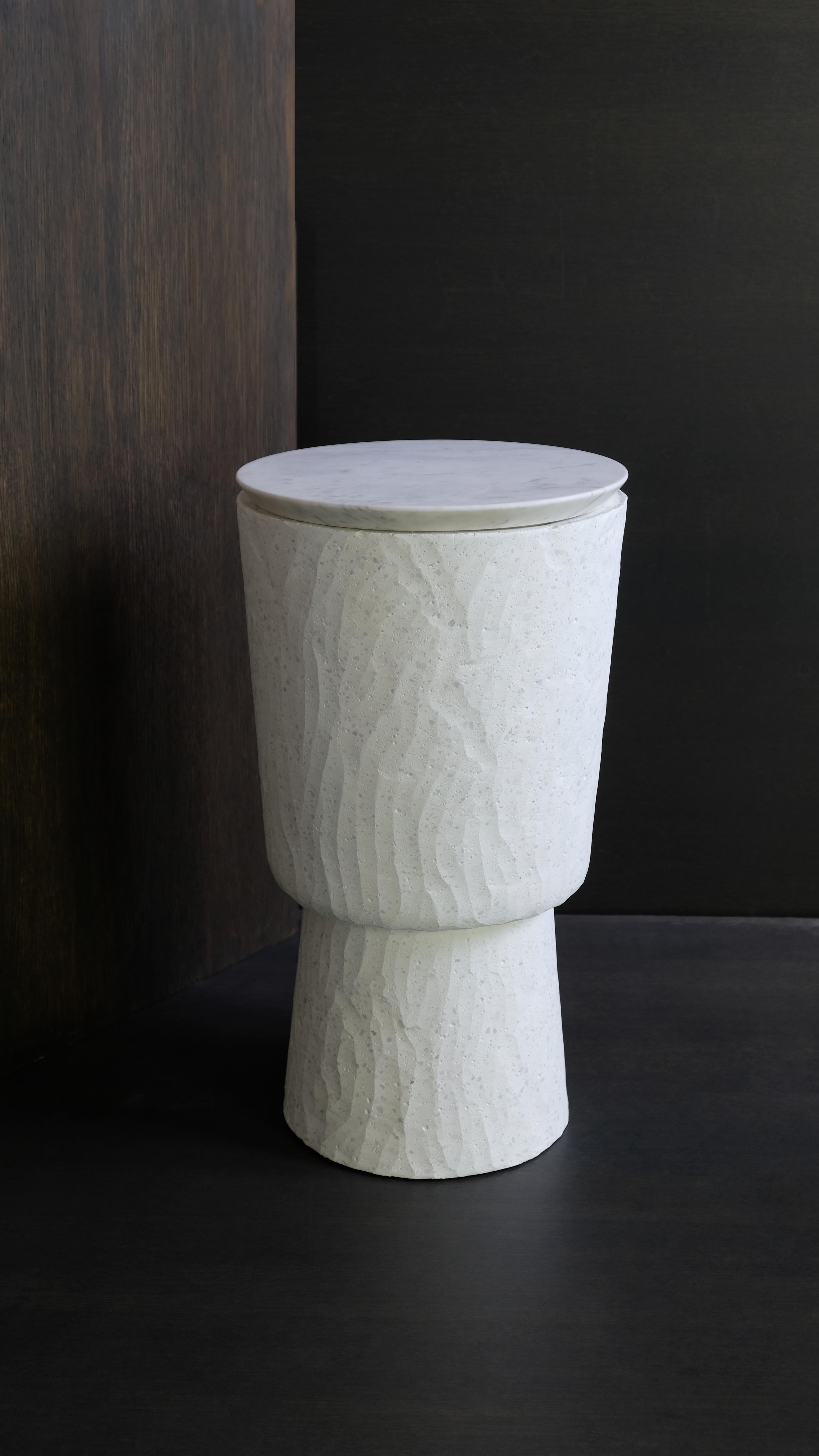 Organic Modern Hand Sculpted Side Table 'PLINTH MARBLE' in white cast stone by Alentes Atelier For Sale