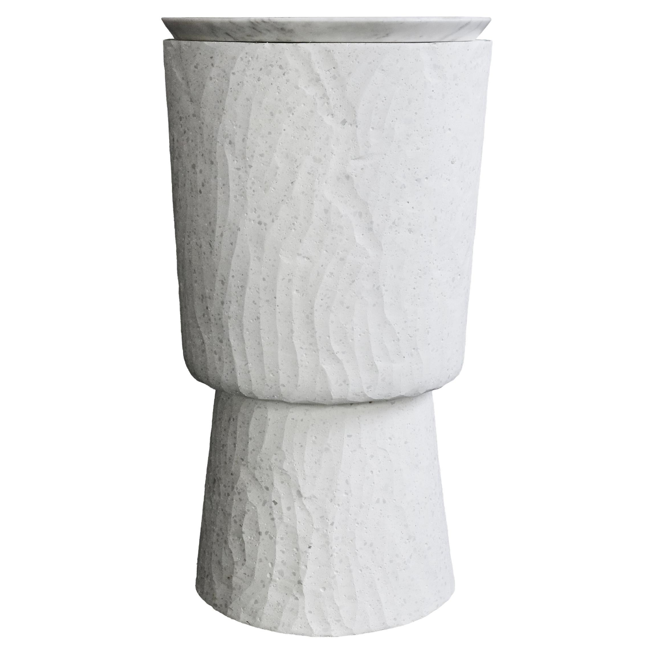 Hand Sculpted Side Table 'PLINTH MARBLE' in white cast stone by Alentes Atelier For Sale