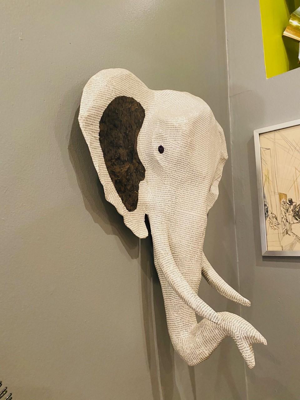 Hand Sculpted Papier Mâché Elephant Head Sculpture In Good Condition In San Diego, CA