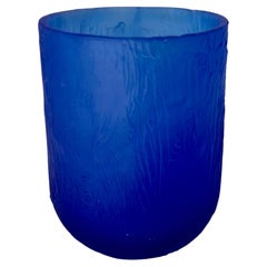 Hand-Sculpted Pate-de-verre Dark Blue Color Glass Vase with "Trunk" Texture