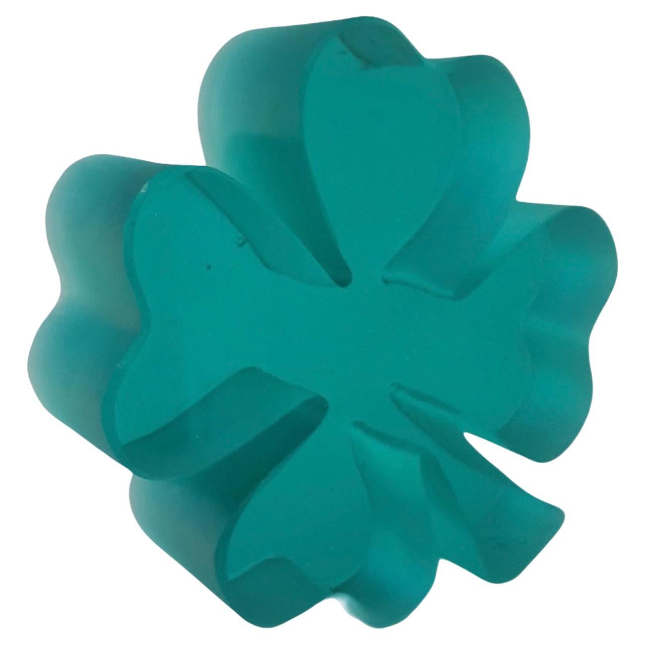 Hand-Sculpted Pate-de-verre Glass Four-Petal Clover in Emerald Green For Sale