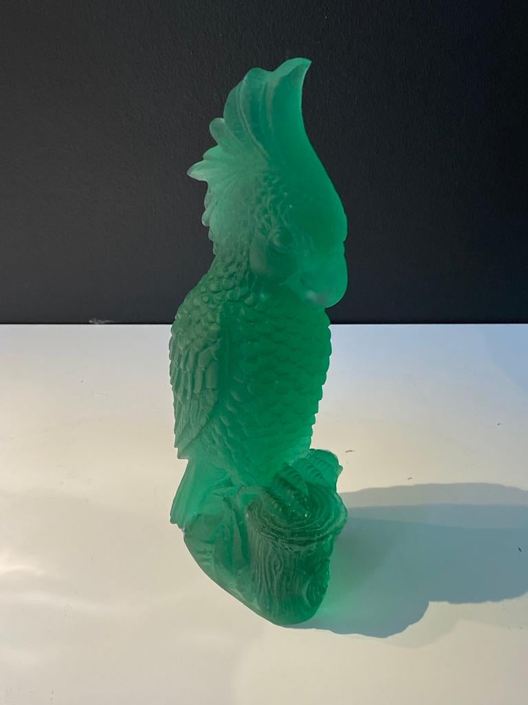 Cast Hand-Sculpted Pate-de-Verre Glass Parrot Sculpture in Emerald Green For Sale
