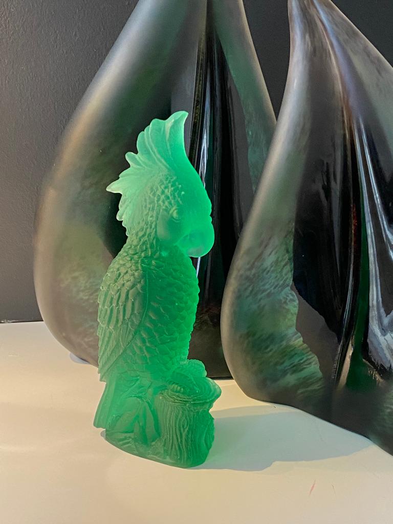 Contemporary Hand-Sculpted Pate-de-Verre Glass Parrot Sculpture in Emerald Green For Sale