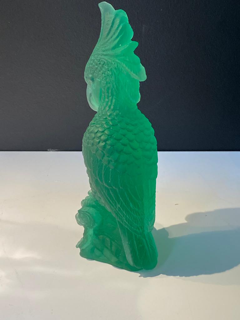 Hand-Sculpted Pate-de-Verre Glass Parrot Sculpture in Emerald Green For Sale 1
