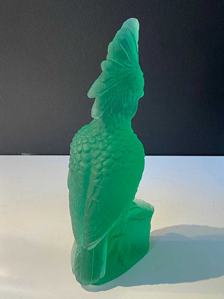 Hand-Sculpted Pate-de-Verre Glass Parrot Sculpture in Emerald Green For Sale 2