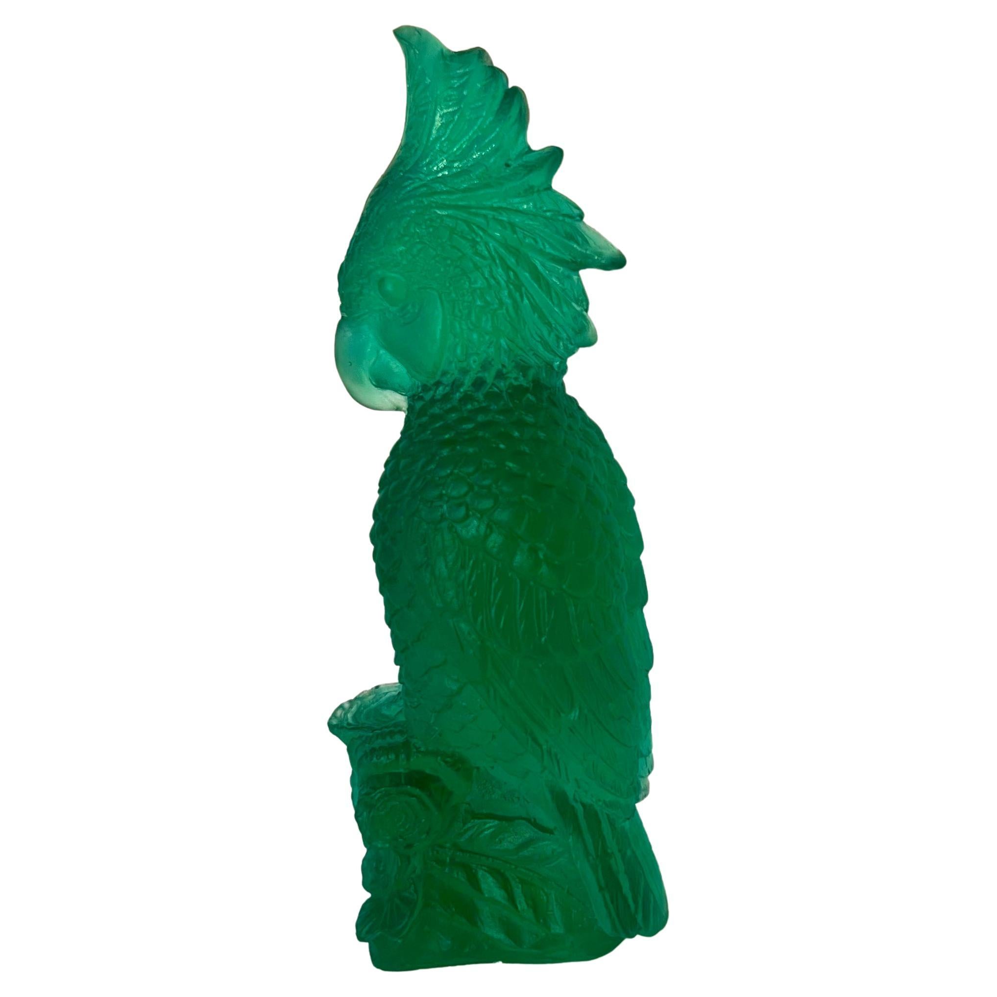 Hand-Sculpted Pate-de-Verre Glass Parrot Sculpture in Emerald Green For Sale
