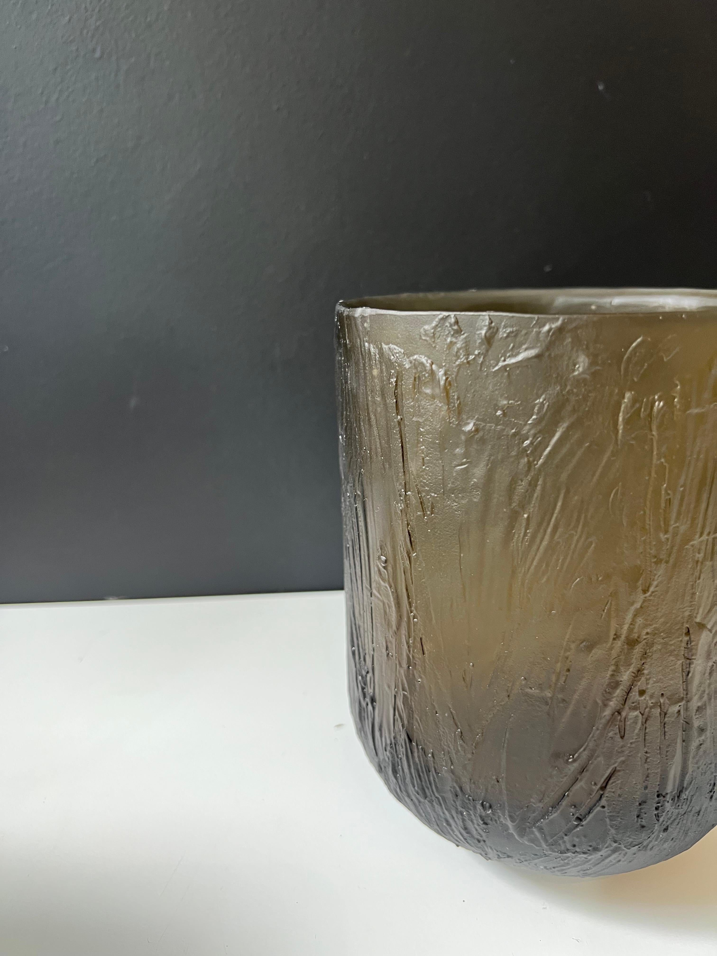 European Hand-Sculpted Pate-de-verre Olive Color Glass Vase with 