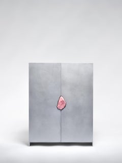 Unique Waxed Aluminum Cabinet with Natural Dusty Pink Stone by Pierre De Valck