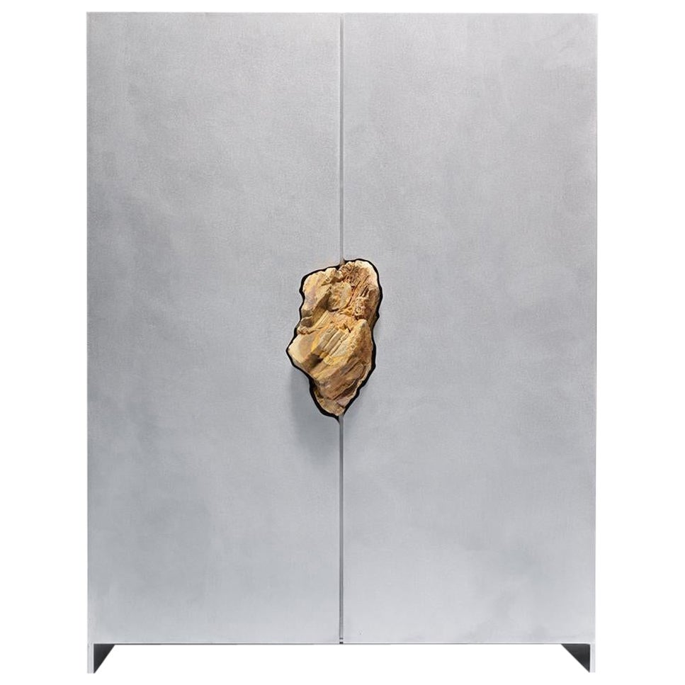 Hand-Sculpted Waxed Aluminium Cabinet, Golden Stone-like Wood by Pierre De Valck