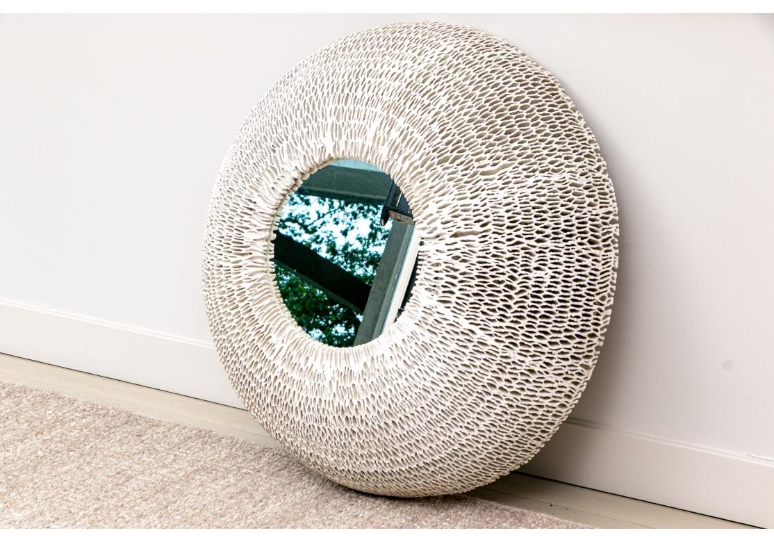 Organic Modern Hand Sculpted White Gesso Bullseye Mirror For Sale