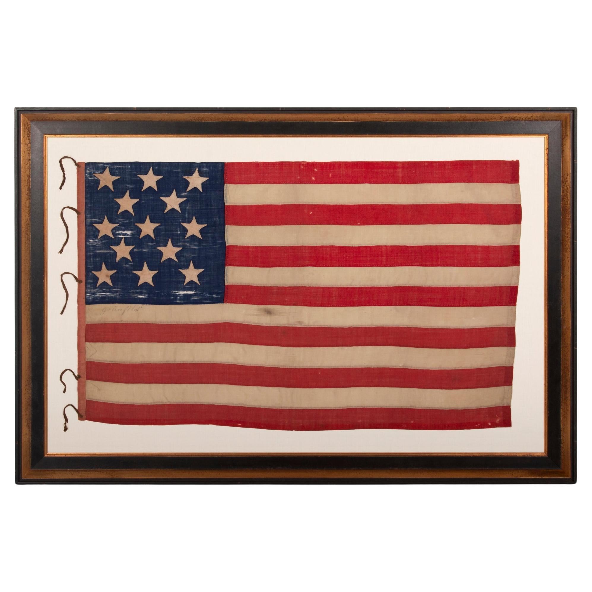 Handgenähte amerikanische Flagge mit 13 Sternen, signiert Grunfild, ca. 1861-1877