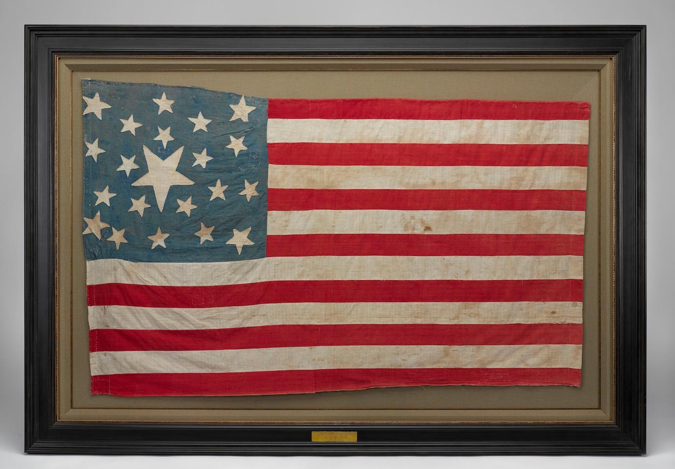 Presented is an impressive 21-star flag, circa 1860-1865. This is a southern-exclusionary 21-star flag constructed during the period of the American Civil War. The number of stars on this flag represent the number of states that remained loyal to
