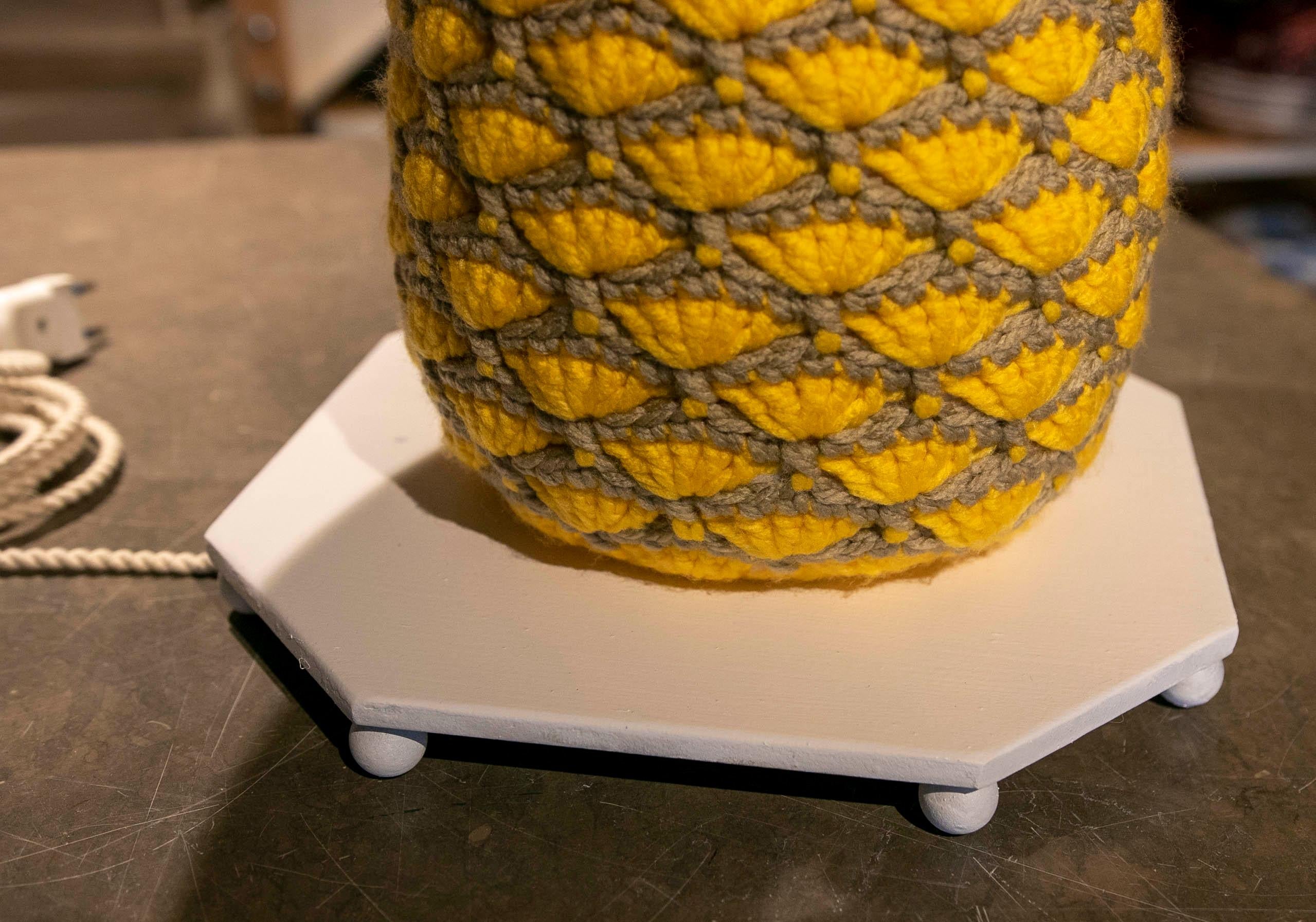 Contemporary Hand-sewn Pineapple Lamp with Wool and Iron Base For Sale