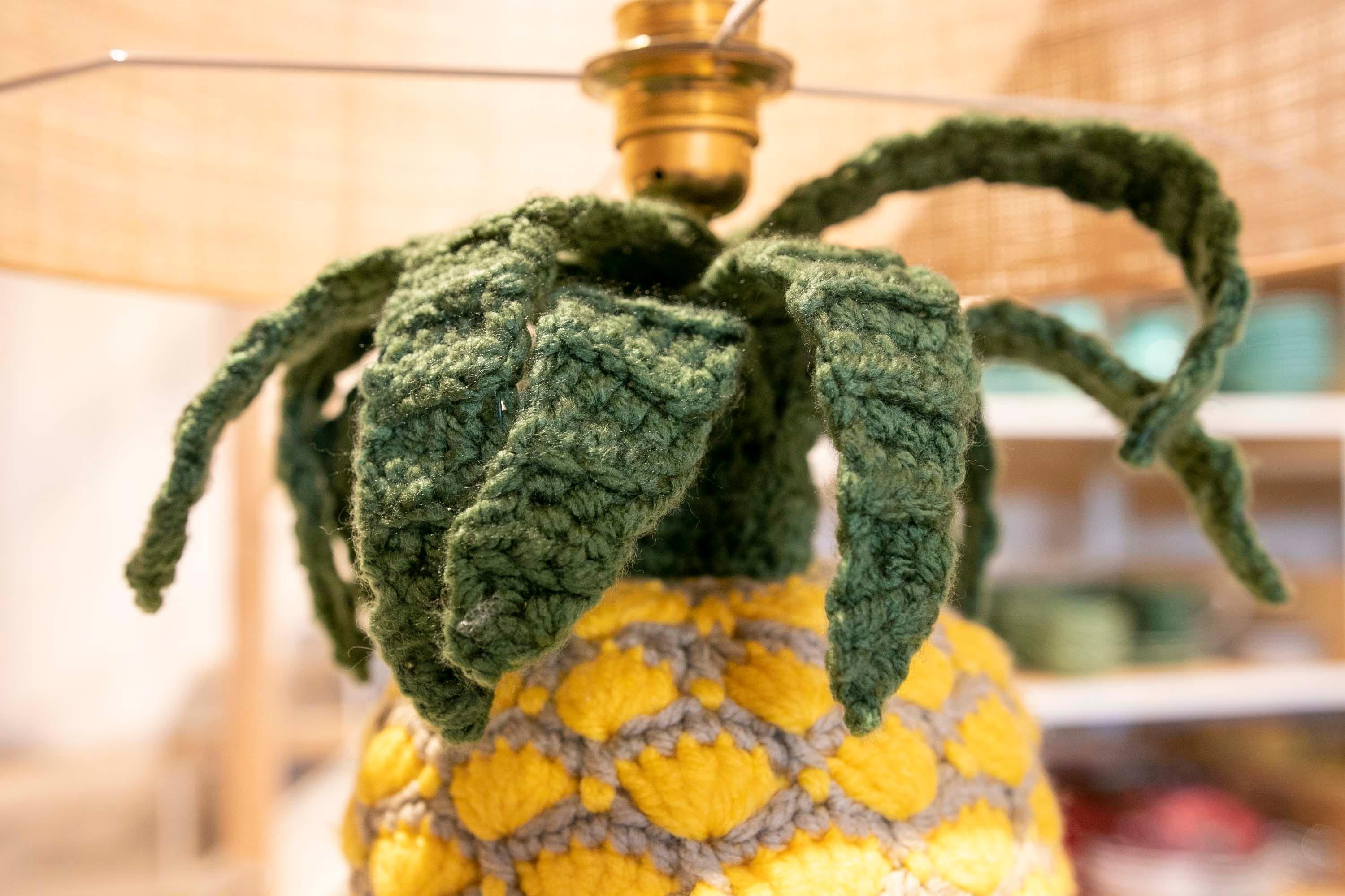 Hand-sewn Pineapple Lamp with Wool and Iron Base For Sale 1