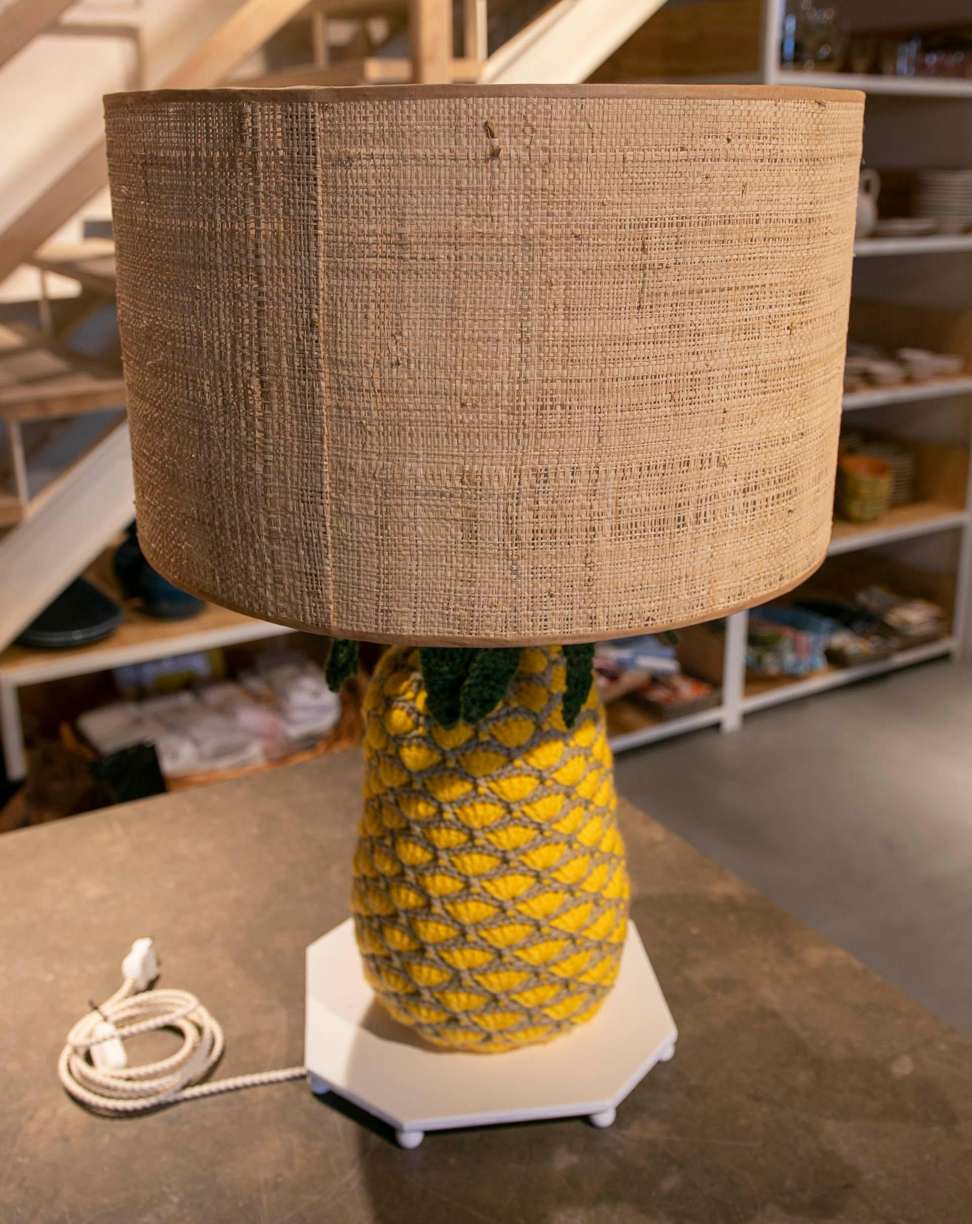 Hand-sewn Pineapple Lamp with Wool and Iron Base For Sale 3