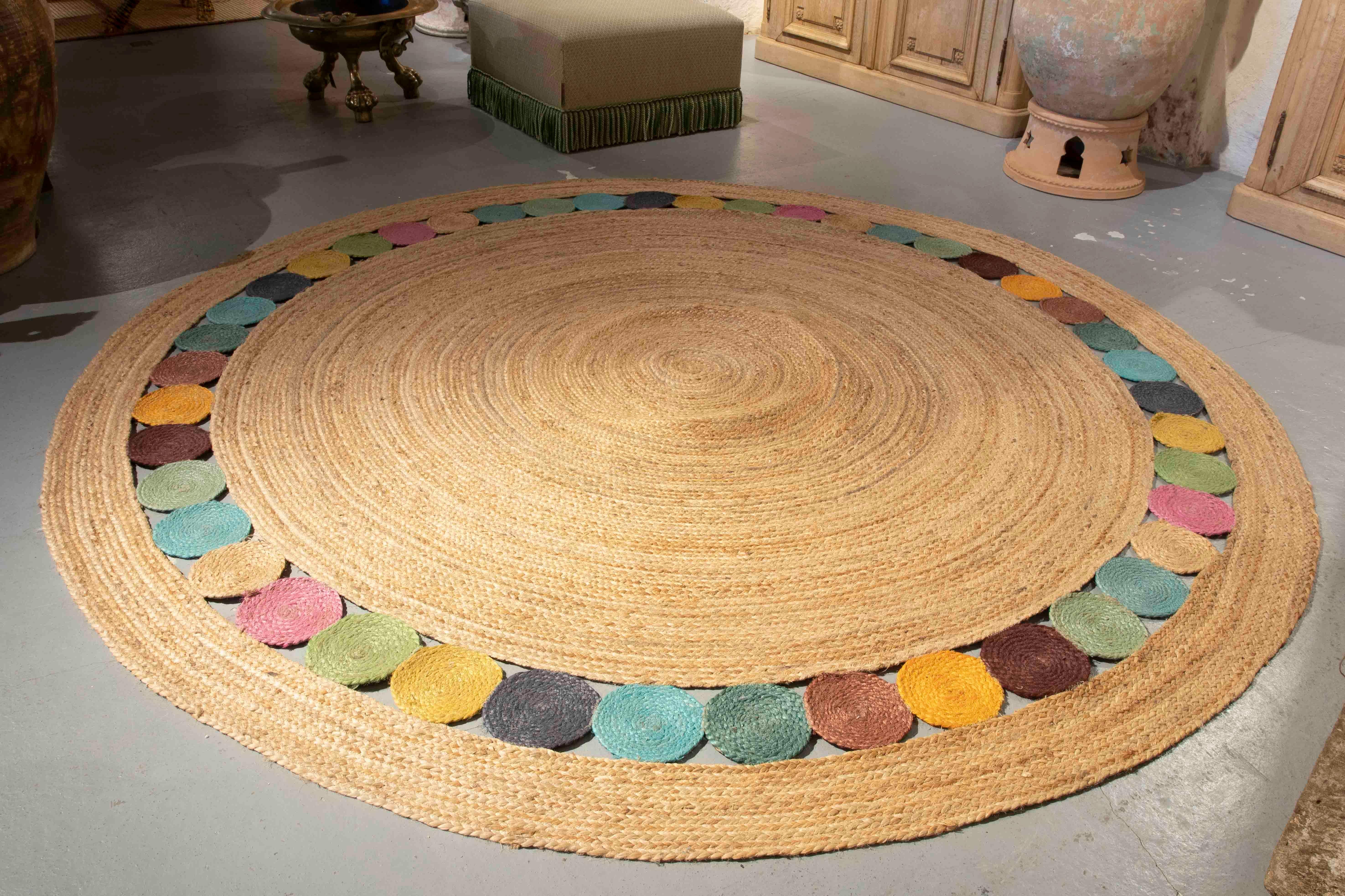 Indian Hand-Sewn Round Jute Rug with Coloured Circles Decoration For Sale