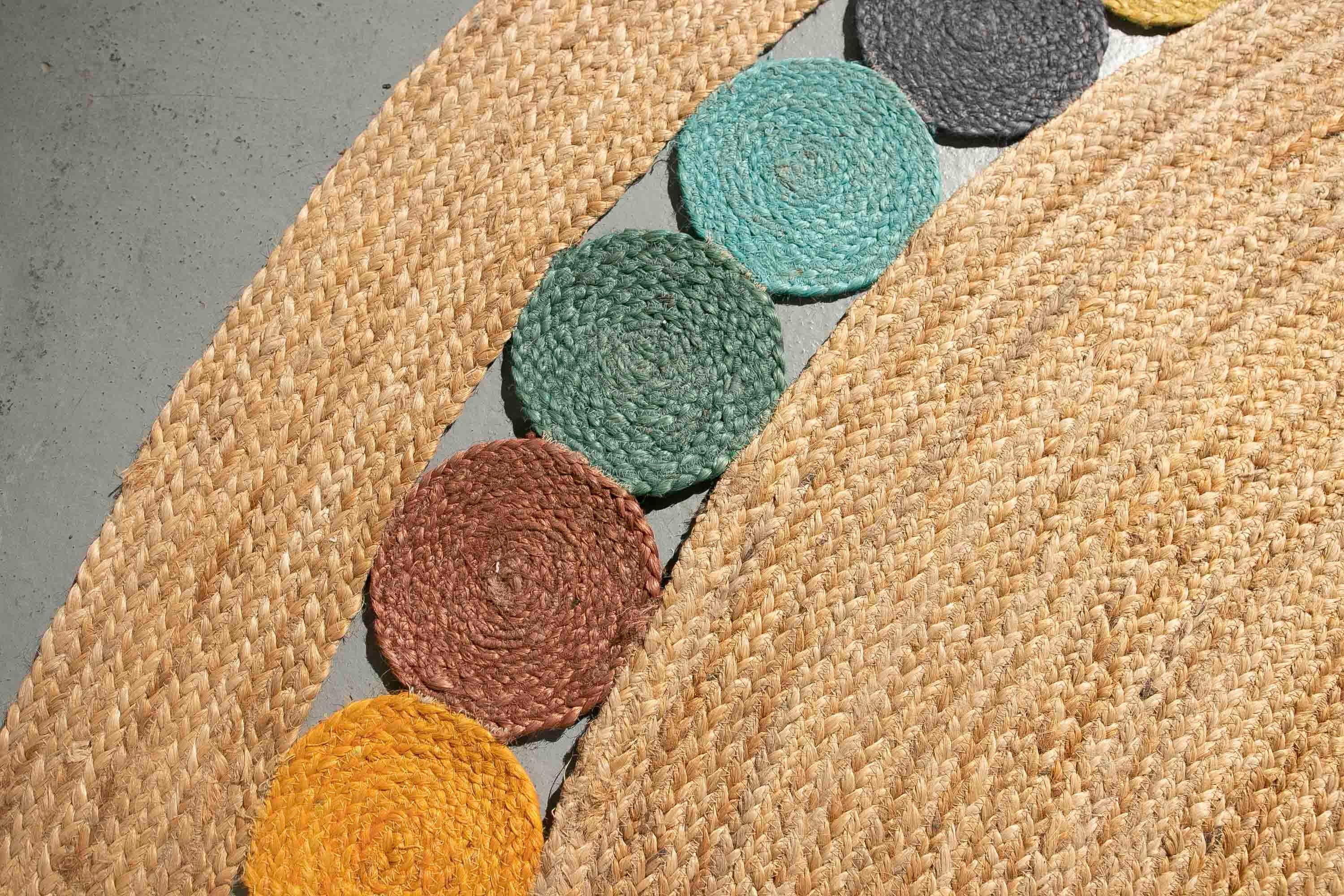 Hand-Sewn Round Jute Rug with Coloured Circles Decoration For Sale 1