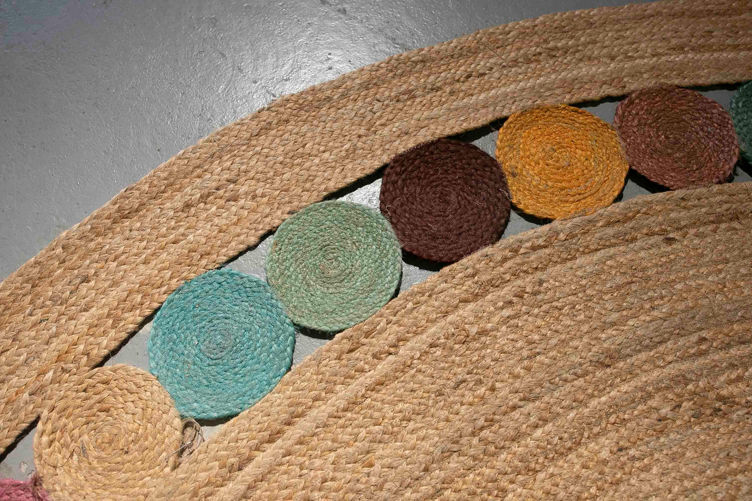 Hand-Sewn Round Jute Rug with Coloured Circles Decoration For Sale 3