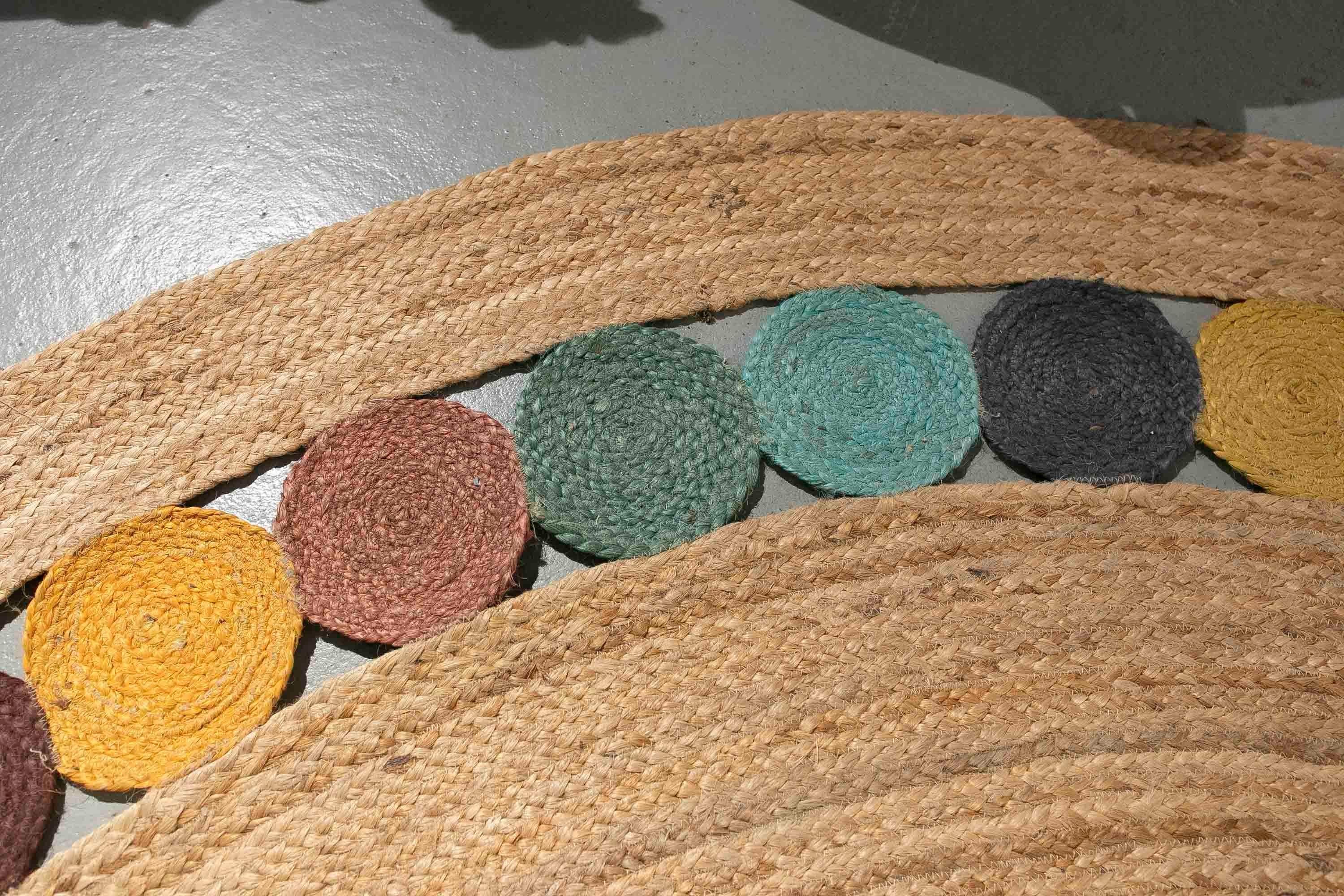 Hand-Sewn Round Jute Rug with Coloured Circles Decoration For Sale 4