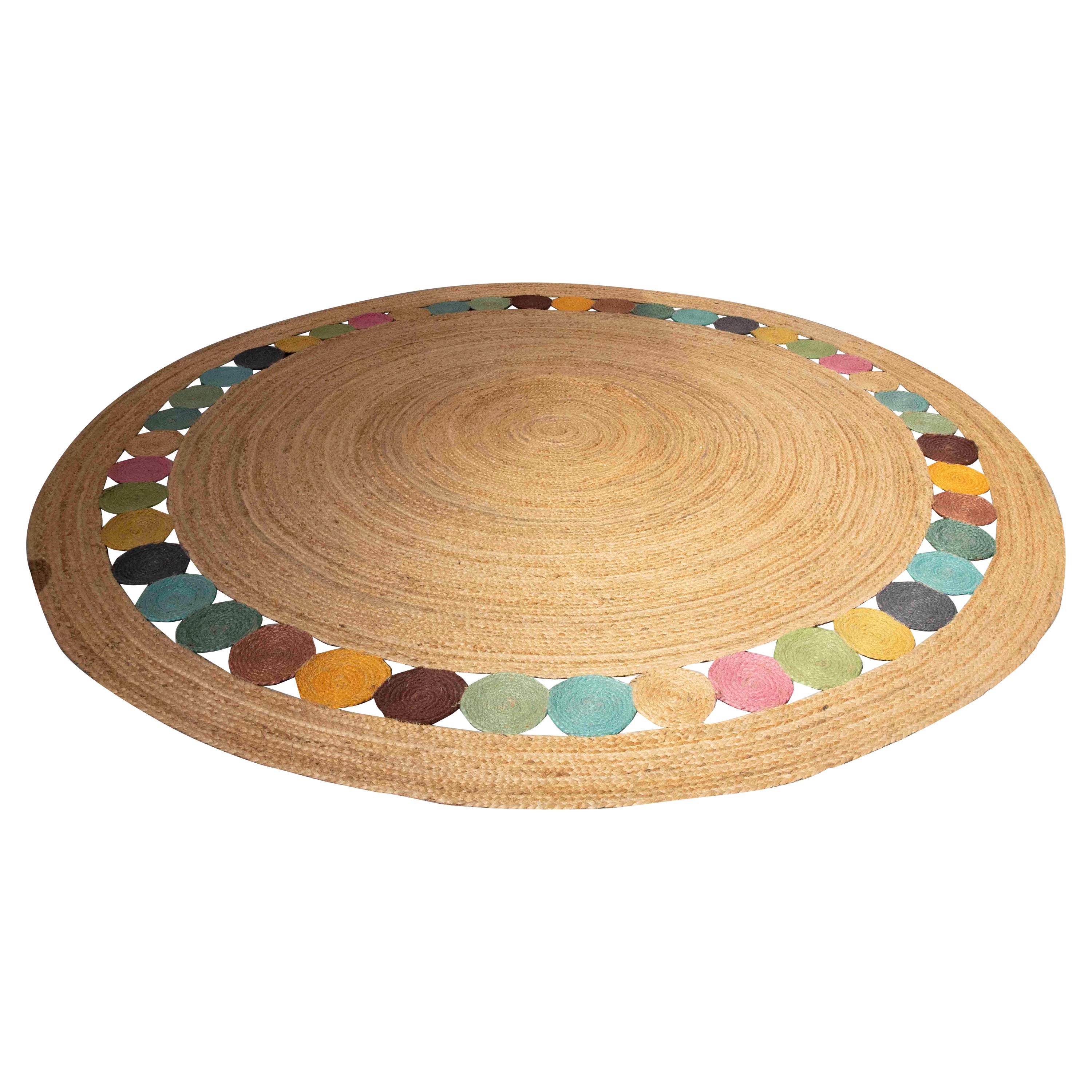 Handgenähter runder Juteteteppich mit farbigen Kreisen und Dekoration aus Jute im Angebot