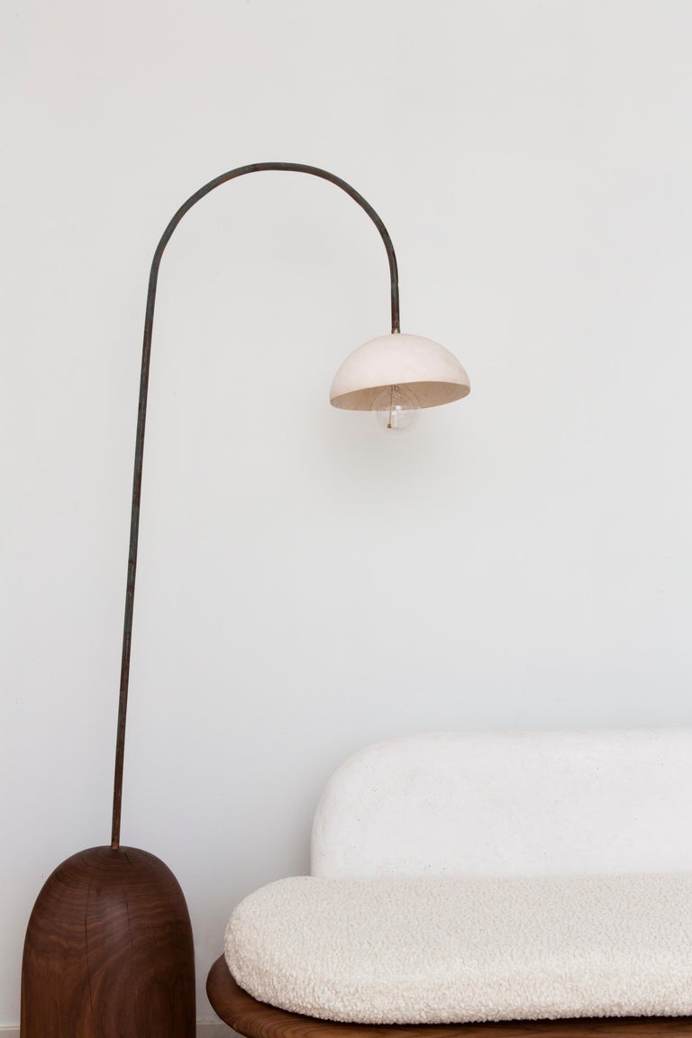 Modern Hand-Shaped Walnut Willow Floor Lamp with Copper Neck and Porcelain Shade For Sale