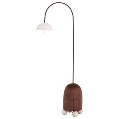 Hand-Shaped Walnut Willow Floor Lamp with Copper Neck and Porcelain Shade