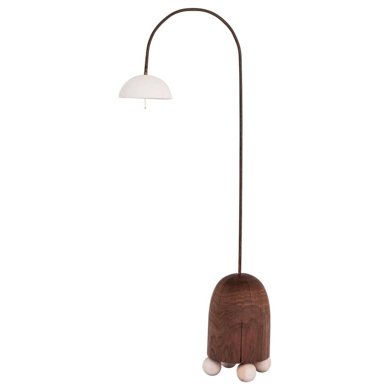 Hand-Shaped Walnut Willow Floor Lamp with Copper Neck and Porcelain Shade For Sale
