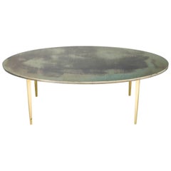 Hand-Silvered Glass Oval Cocktail Table on Brass Base