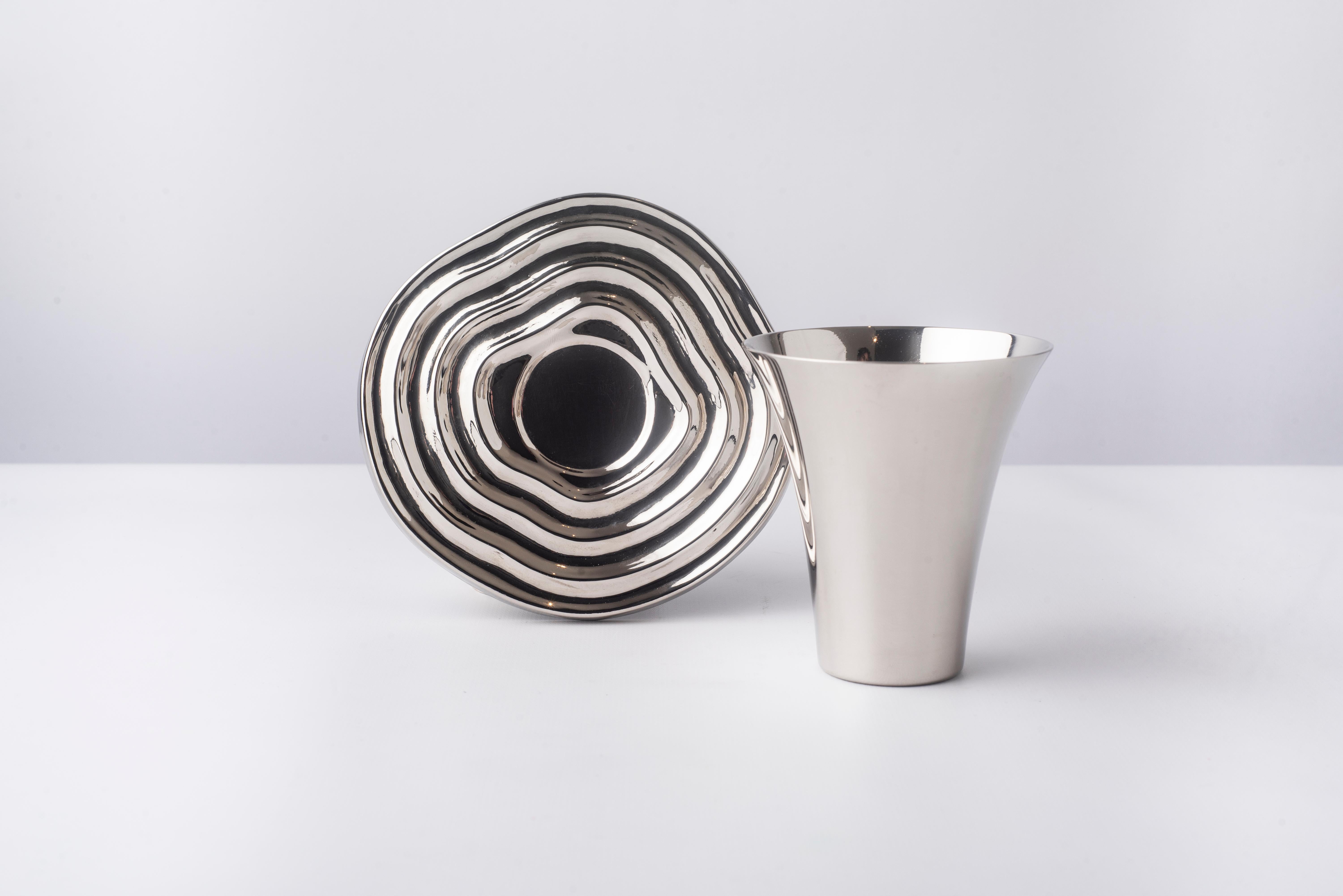 Cast Overflow Hand-Spun Nickel-Plated Brass Kiddush Cup & Saucer