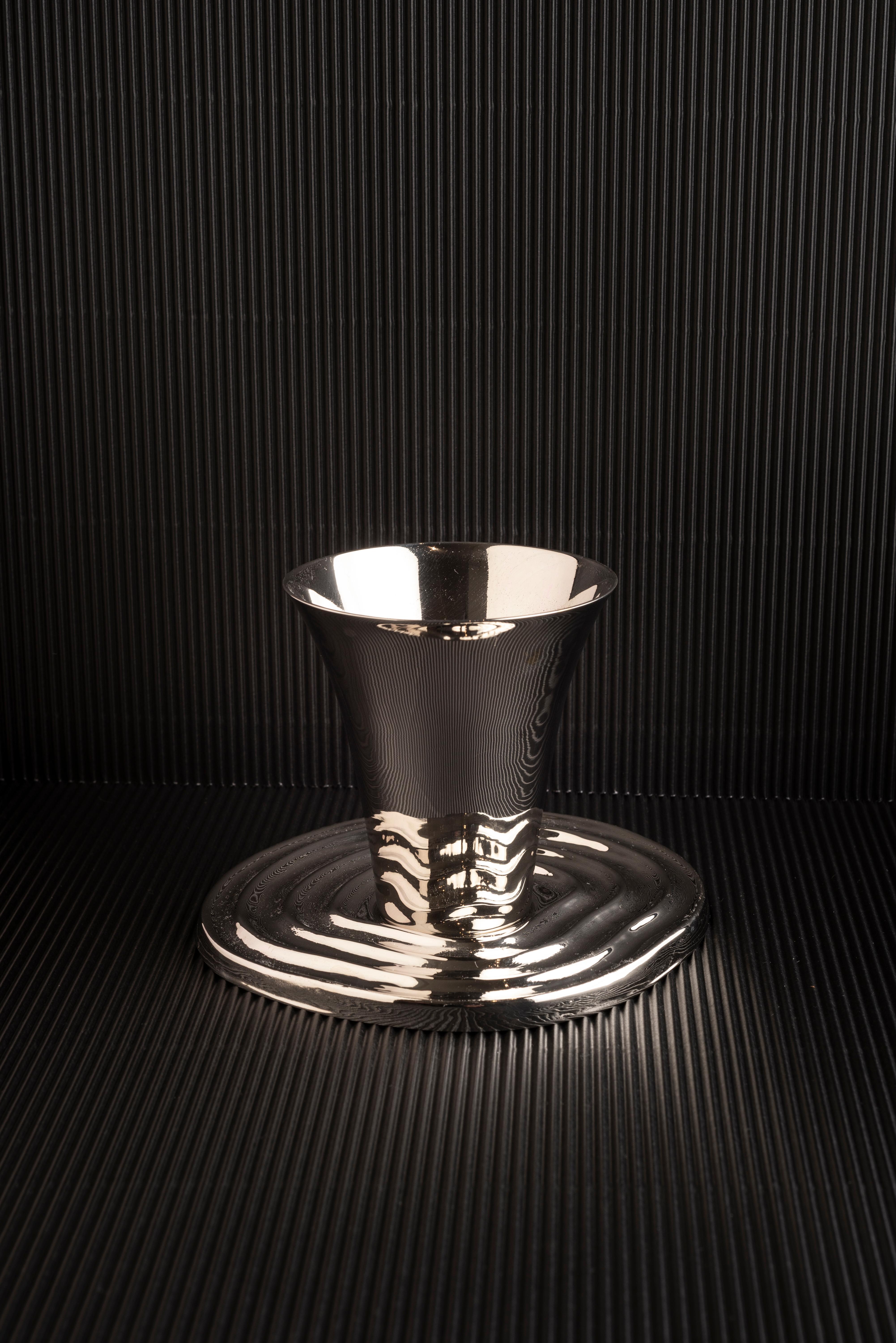 Contemporary Overflow Hand-Spun Nickel-Plated Brass Kiddush Cup & Saucer