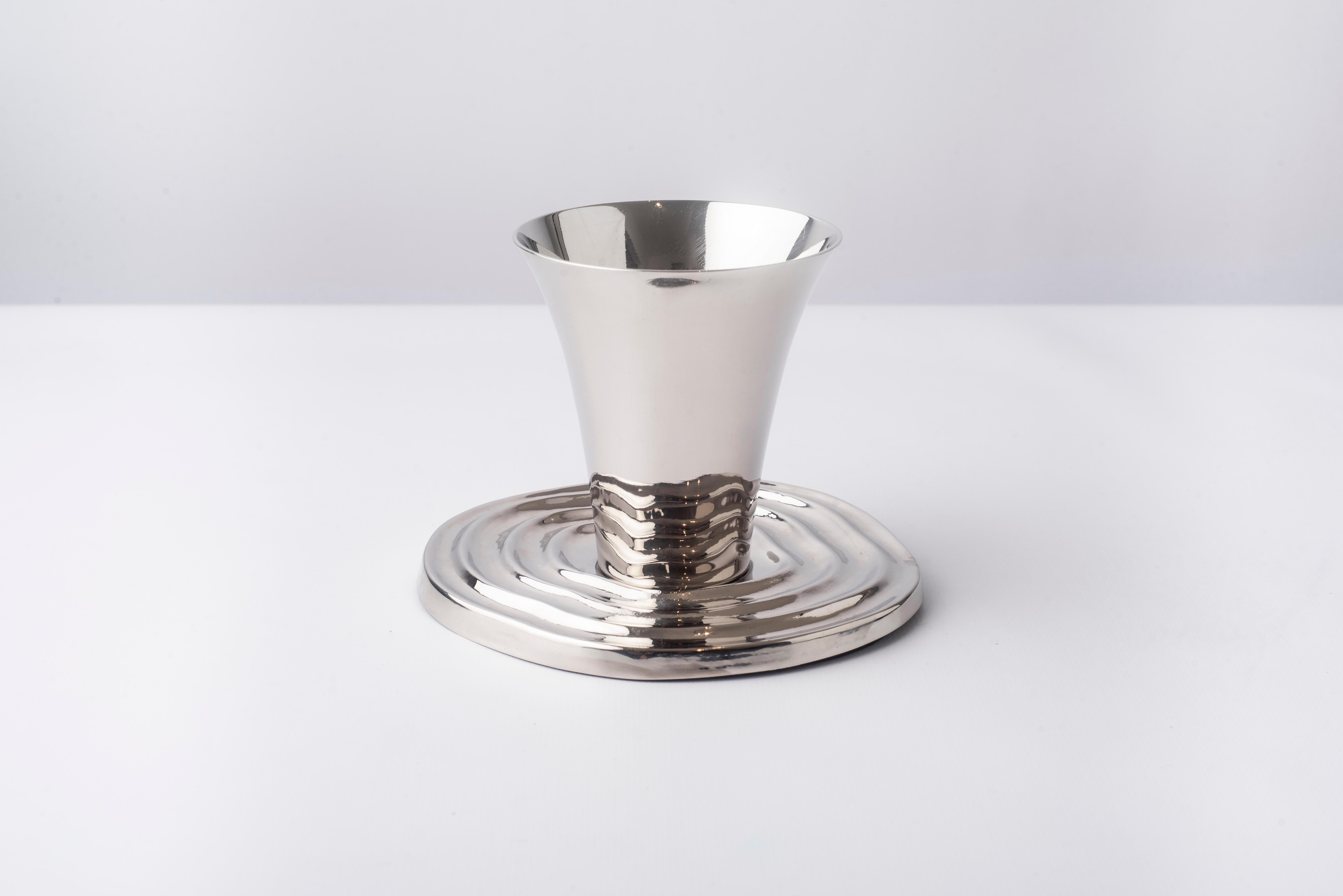 Overflow Hand-Spun Nickel-Plated Brass Kiddush Cup & Saucer 2