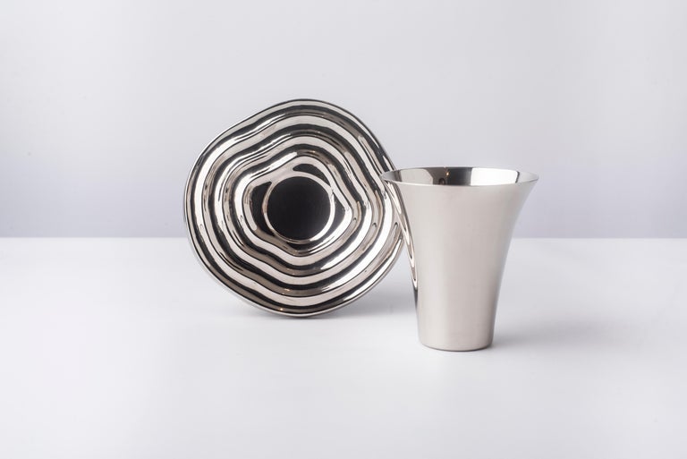 Overflow HandSpun NickelPlated Brass Kidussh Cup and Saucer with 4