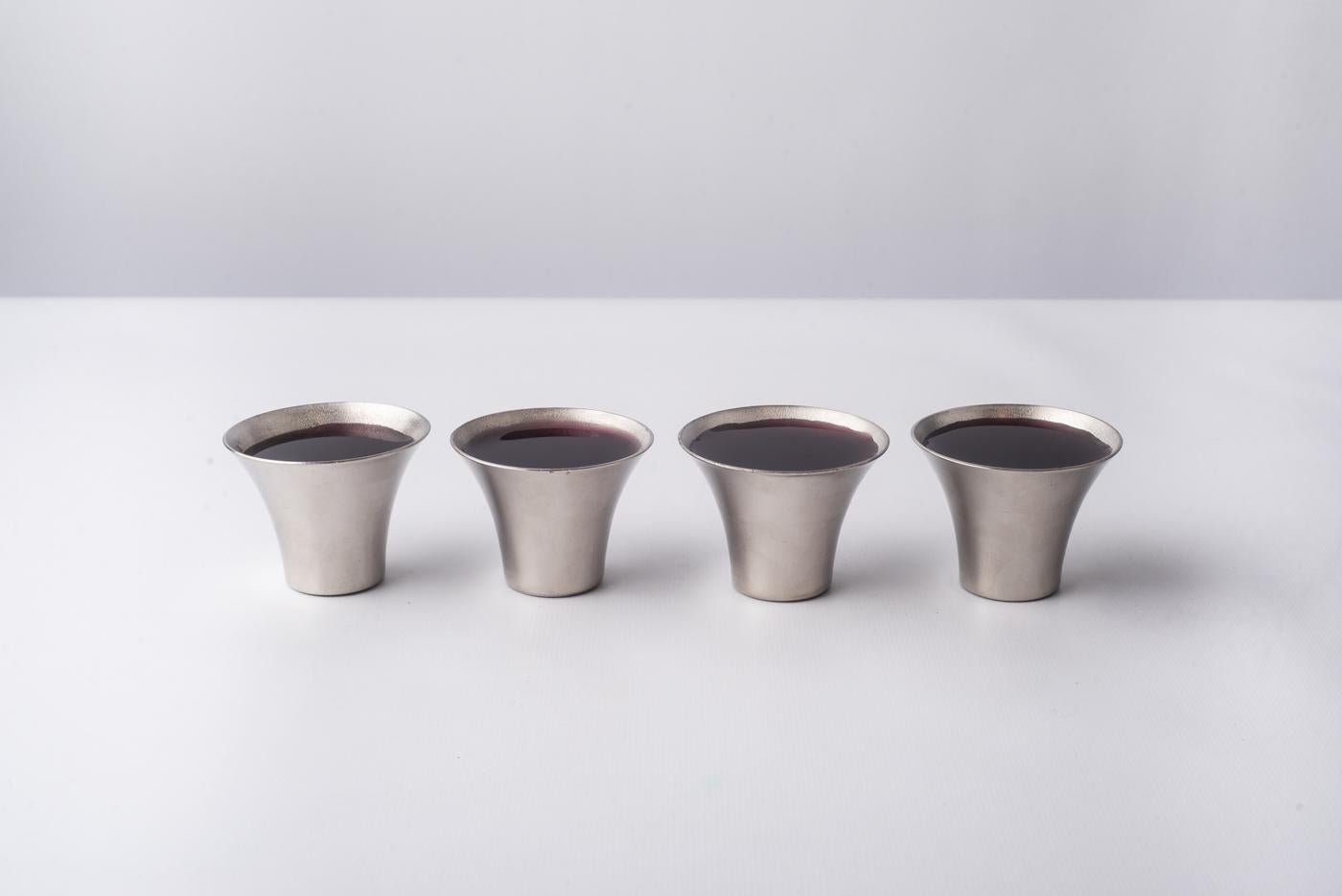 Cast Overflow Hand-Spun Nickel-Plated Brass Kidussh Cup & Saucer with 4 Copitas Set