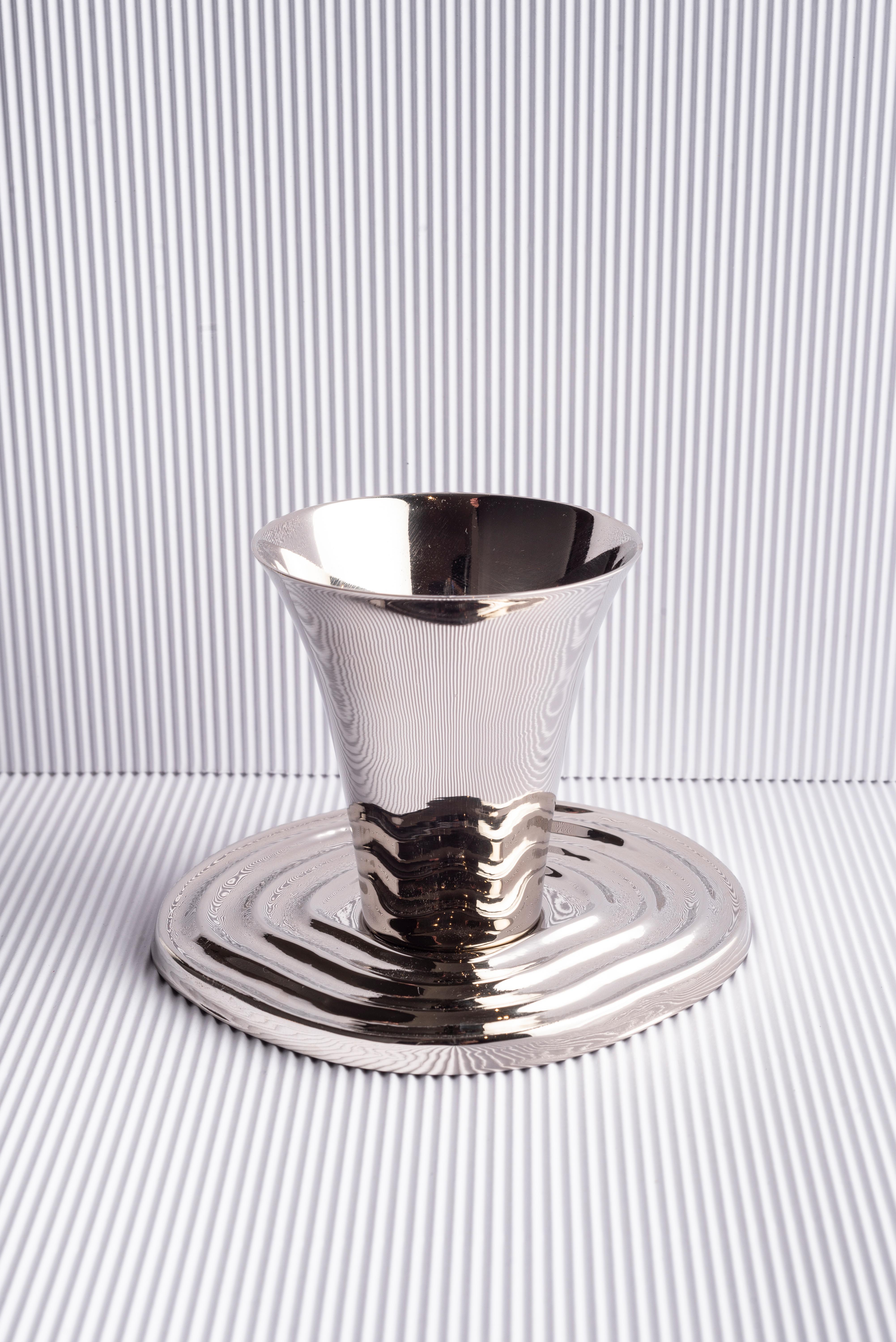 Overflow Hand-Spun Nickel-Plated Brass Kidussh Cup & Saucer with 4 Copitas Set 3