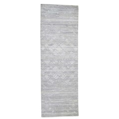 Hand Spun Undyed Natural Wool Modern Wide Runner Hand-Knotted Rug