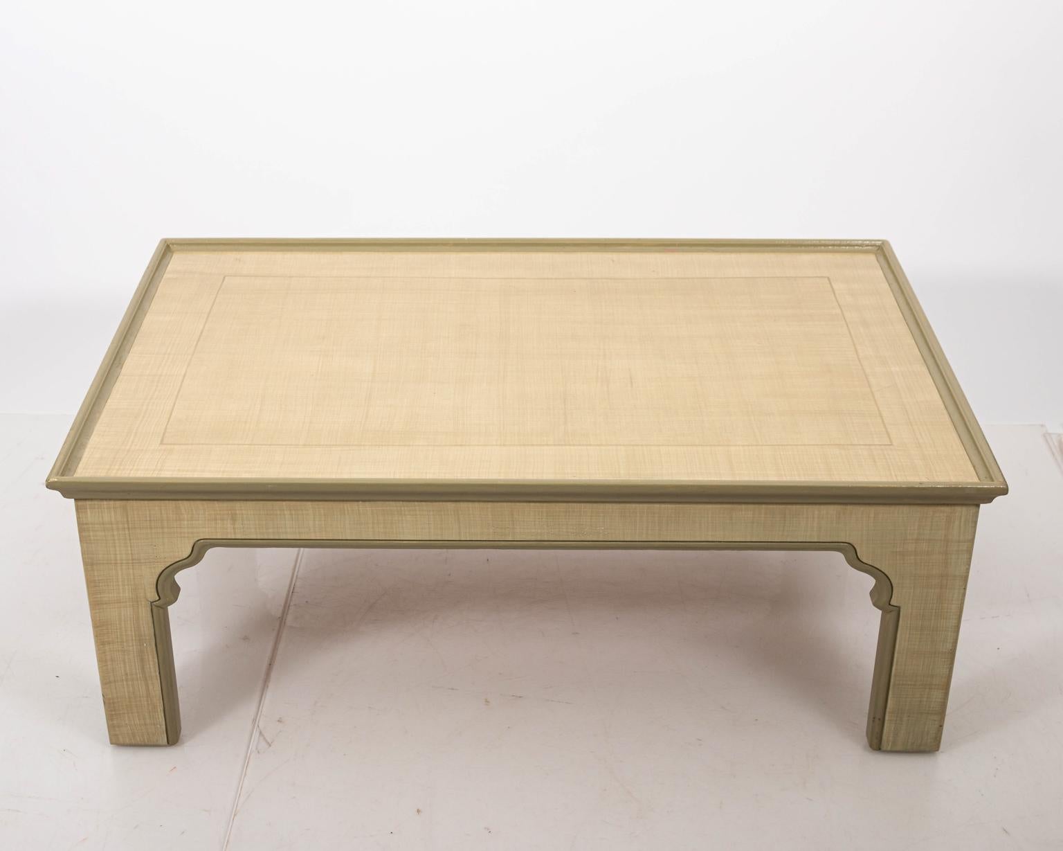 Hand stained cream white coffee table with scalloped detail by Bob Christian, circa 1980s. Made in the United States. Please note of wear consistent with age.