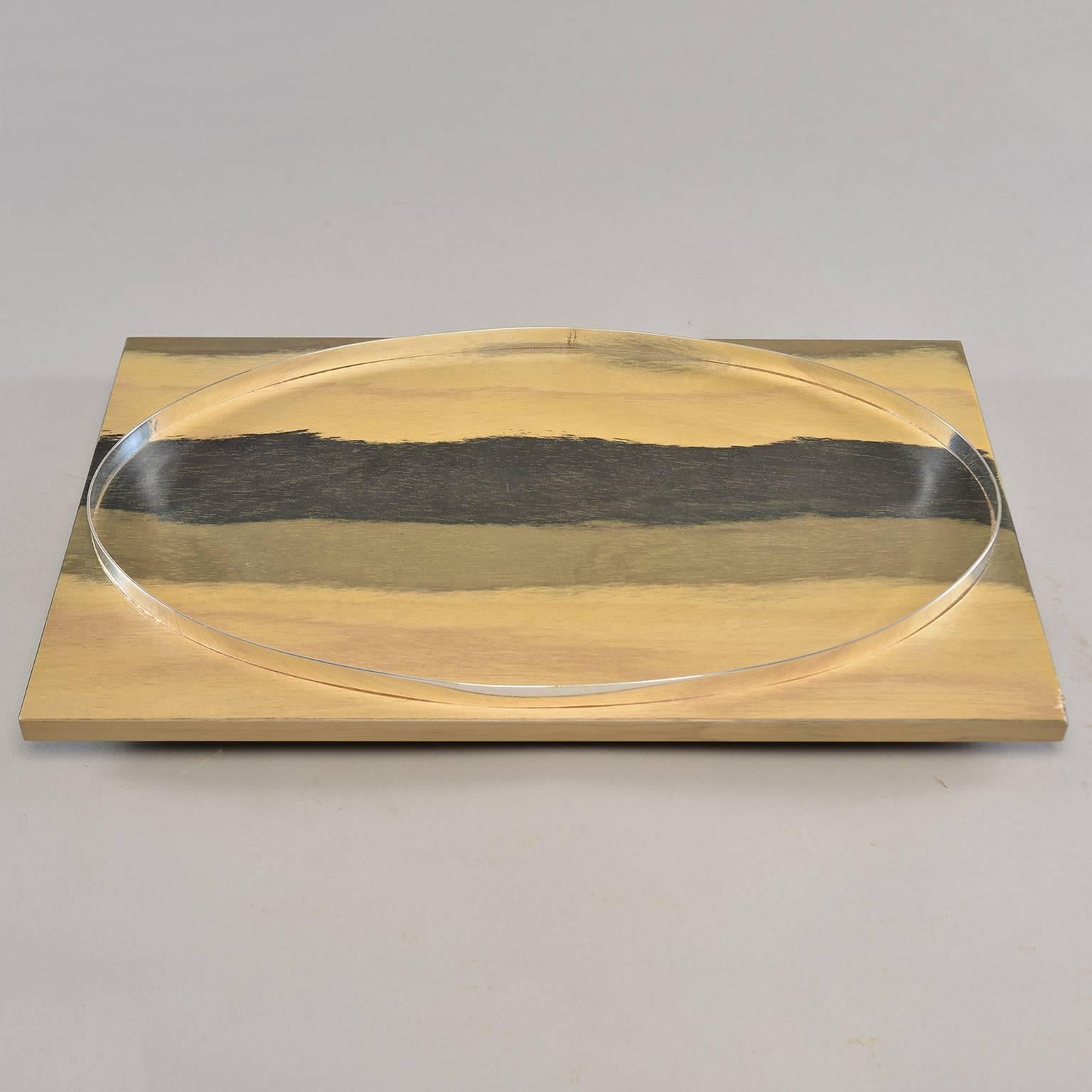 Contemporary Hand Stained Wood Tray with Metal Oval Insert For Sale